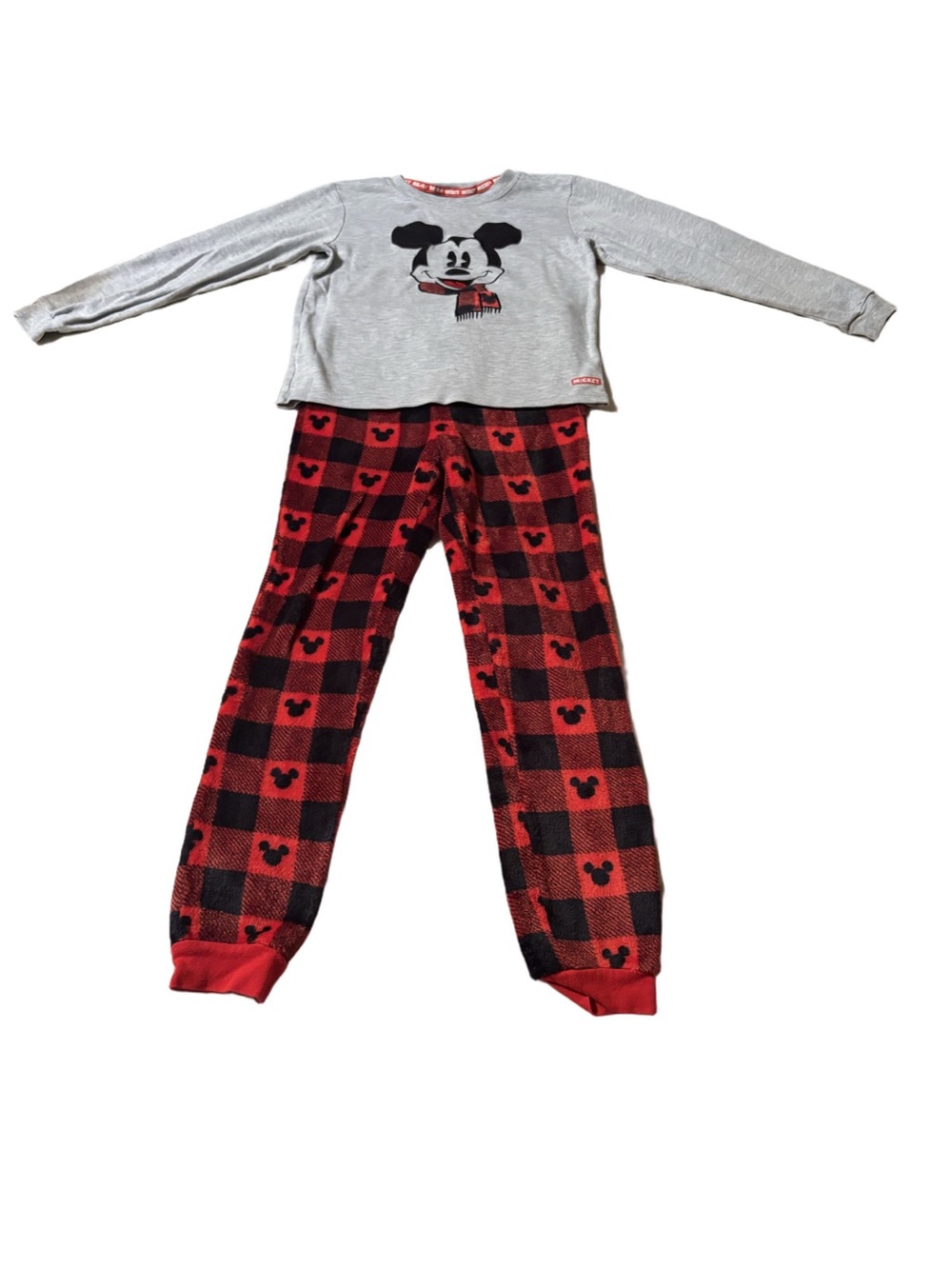 Disney Pyjama Set with Grey Mickey Top with Red and Black Plaid Bottoms